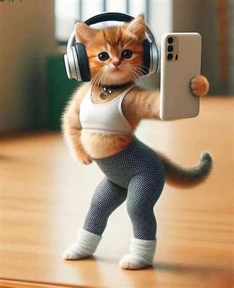 A Cat Wearing Headphones And Holding A Cell Phone In It S Right Hand