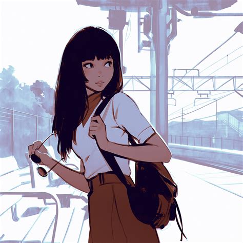 Safebooru 1girl D Bag Bangs Bench Black Hair Blunt Bangs Brown Eyes