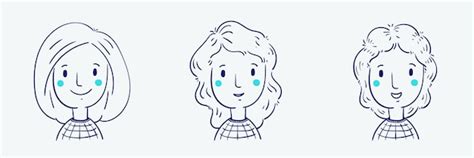 Conjunto dibujado a mano de caras de niña estilo de doodle de dibujos