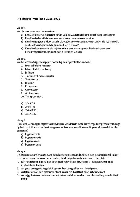 Proef Oefen Tentamen Vragen Proeftoets Fysiologie Vraag Wat