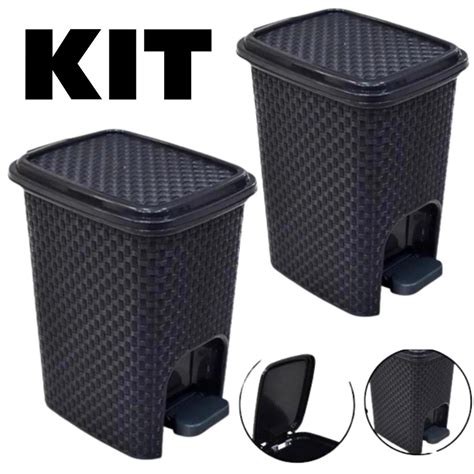 Kit Lixeiras Cesto Tampa Litros Pedal Preta Rattan