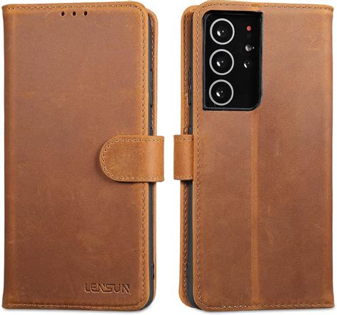 Lensun Case For Samsung Galaxy S21 Ultra 5g Genuine Leather Flip Wallet Phone Cover [rfid