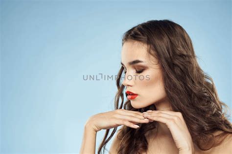 Beautiful Woman Naked Shoulders Hairstyle Care Bright Makeup Blue Background Royalty Free Stock