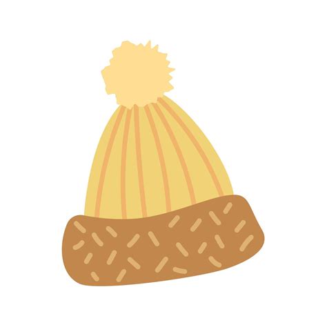 Brown Knitted Hat With Big Fluffy Pompom Hand Drawn Autumn Winter Accessory Vector