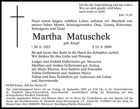 Traueranzeigen Von Martha Matuschek Trauer In Nrw De