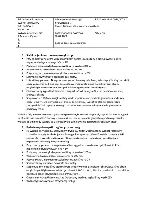 Sprawozdanie Metrologia Politechnika Pozna Ska Laboratorium