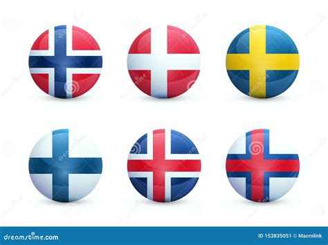 Set Of Round Shiny Spheres With National Flags Of Scandinavian
