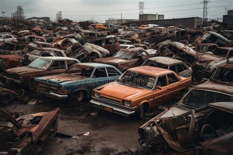 A Junkyard Filled With Dozens Of Old Wrecked Cars In Various States Of