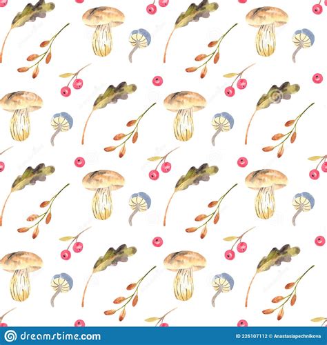 Seamless Watercolor Pattern With Mushroom And Leaves On White