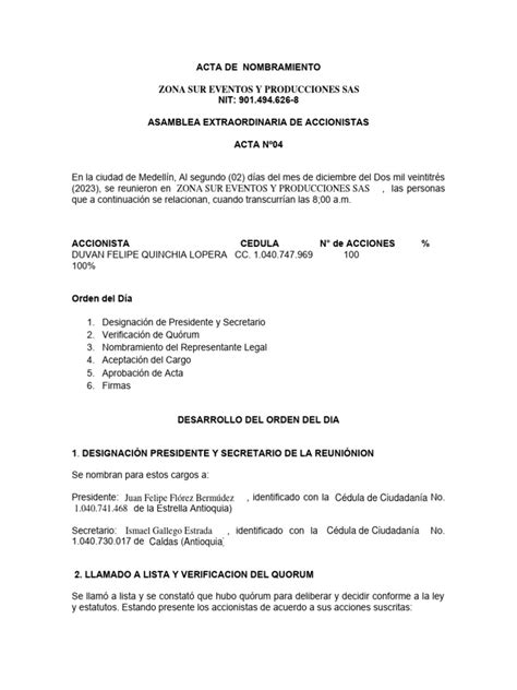 Acta De Nombramiento Representante Legal Descargar Gratis Pdf Gobierno