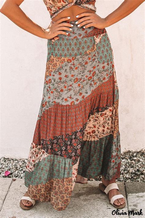 Olivia Mark Multicolored Long Skirt With Bohemian Print And Tie Waist