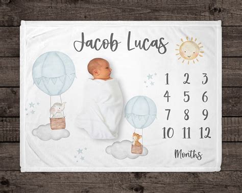 Light Blue Hot Air Balloon Milestone Blanket Personalized Baby Blanket