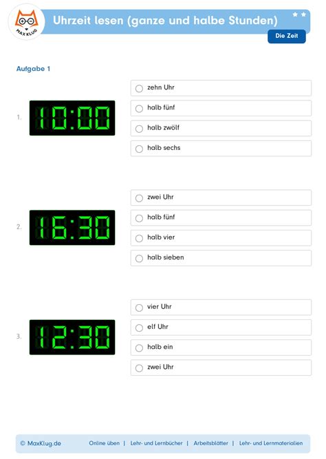 Arbeitsblatt Uhrzeit Lesen Ganze Und Halbe Stunden