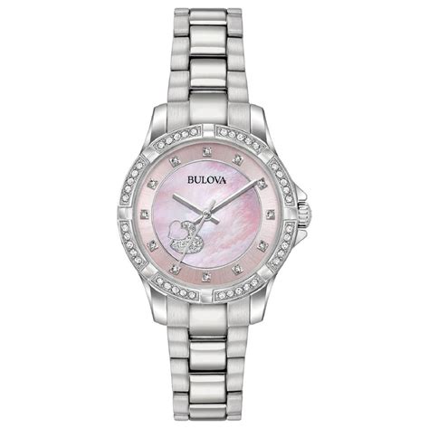 Ladies Watch Pink Heart Dial Bulova Silver Bracelet Diamond Accents