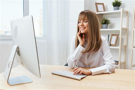 Happy Smiling Adorable Blonde Businesswoman Worker Freelancer Look At