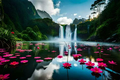 Waterfall Lotus Flowers Waterfall Nature Nature Photography Nature