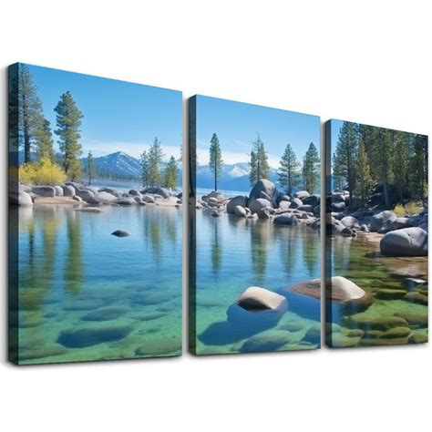 Onetech Canvas Print Wall Art Blue Lake In Mountain Forest Landscape