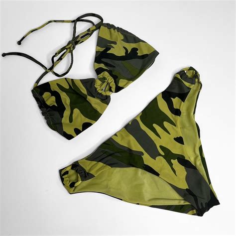 Y K Khaki Green Camouflage Print Bikini Set Ruching Depop
