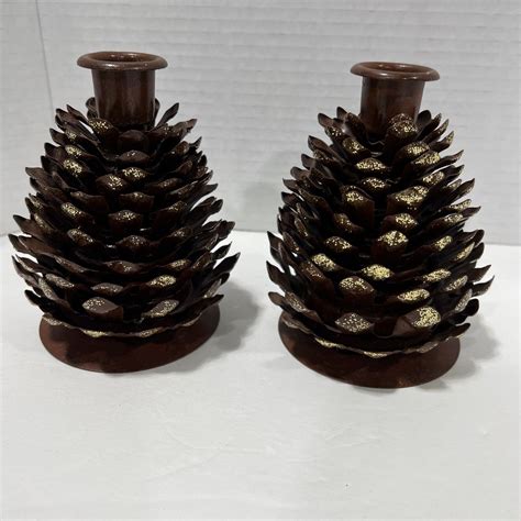 Pair Of Metal Pinecone Candlestick Holders Brown With Gold Glitter