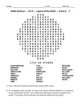 Layers Of The Earth High School Earth Science Word Search Worksheet