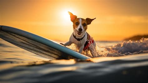 Premium AI Image | Funny dog surfing on a surfboard in the sea Jack ...