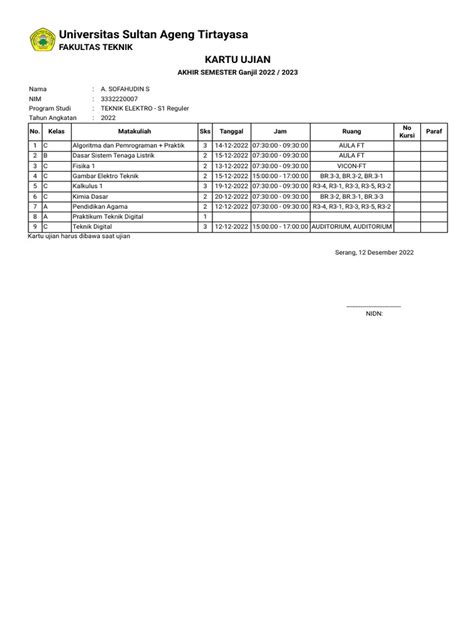 Cetak Kartu Ujian Akhir Semester Pdf