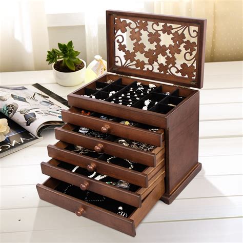 Songmics Large Jewelry Organizer Wooden Storage Box Layers Case With