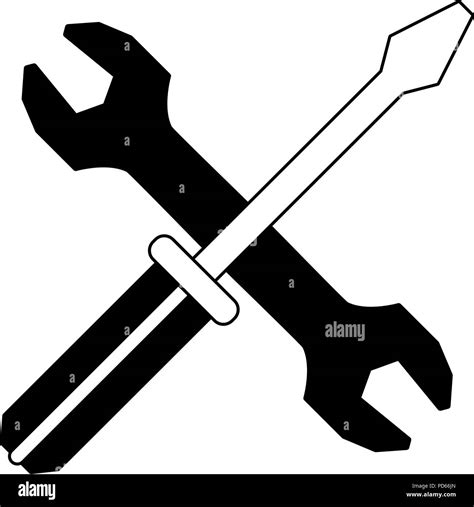 Screwdriver And Wrench Construction Tools In Black And White Stock