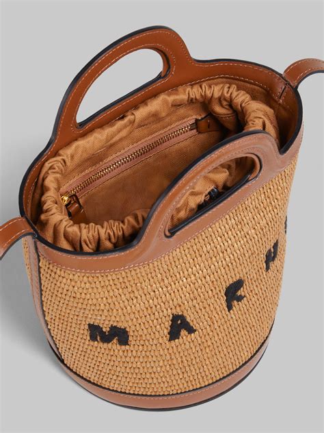 Tropicalia Small Bucket Bag In Brown Leather And Raffia Effect Fabric