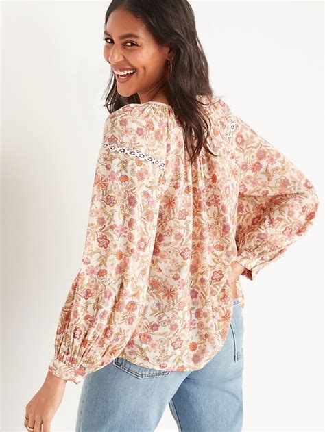 Long Sleeve Lace Trimmed Floral Print Blouse For Women Old Navy