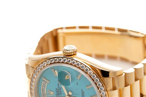 Rolex Day Date 36 Yellow Gold Turquoise Diamond Bezel Full Set Ref 128348rbr For Sale At 1stdibs