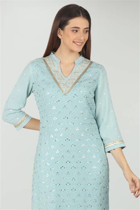 Embellished Layered V Neck Kurti Blue