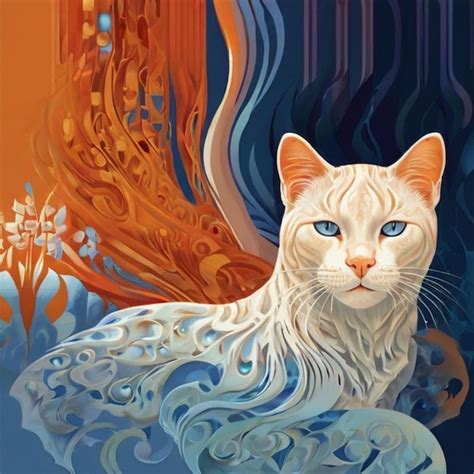 Una Pintura De Un Gato Con Ojos Azules Y Un Fondo Rojo Con Una Imagen