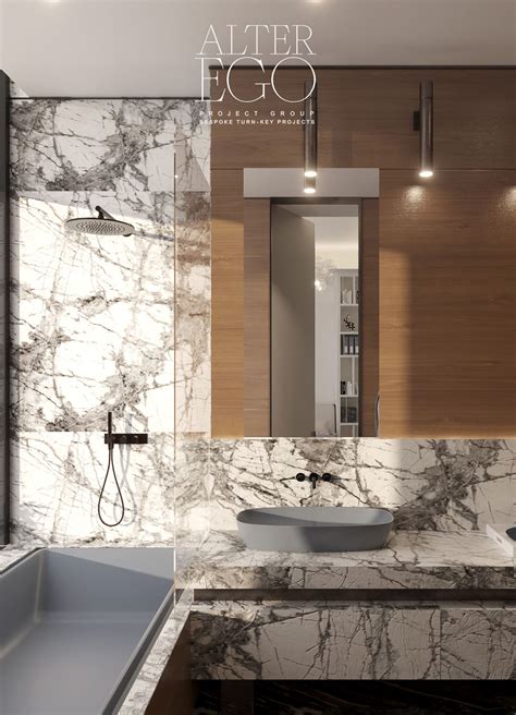 This Modern Bathroom Interior Features Luxurious White And Gray Marble