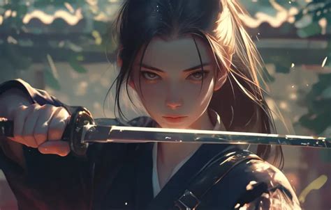 Wallpaper Girl Sword Fantasy Katana Face Brunette Digital Art Artwork For Mobile And