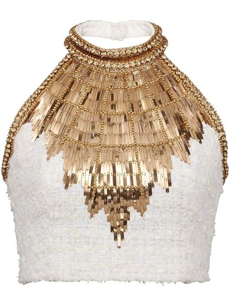 Balmain Beaded Halterneck Cropped Top Farfetch