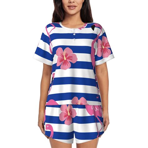 Salouo Pink Flamingo Pattern Short-Sleeved Pajama Set for Women，Round ...