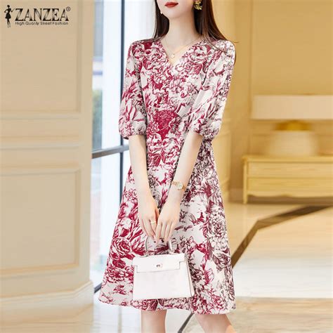 ZANZEA Korean Style Womens Floral Printed Sundress Elegant Short Sleeve