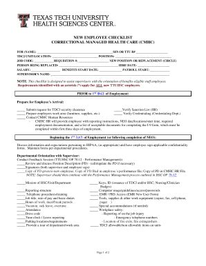 Fillable Online Ttuhsc New Employee Checklist Correctional Managed