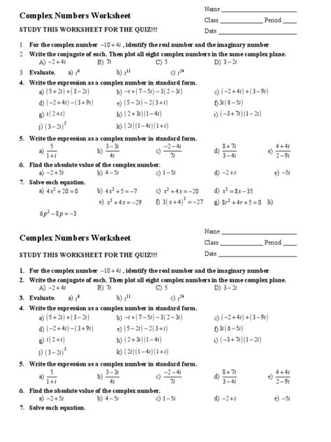 Complex Number Worksheet With Answers