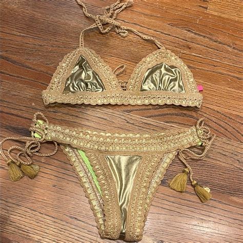 Rinikini Swim Rinikini Boutique Boho Chic Gold Crochet Triangle Tie Side Bikini Set Sz Small