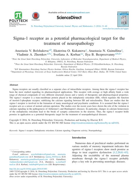 Pdf Sigma 1 Receptor As A Potential Pharmacological Target For The