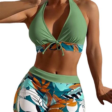 Wholesale Swimwear Women S Split High Waist Bikini Flat Angle Lace Up Print Solid Color