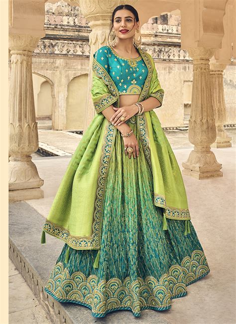 Buy Wedding Wear Firozi Embroidery Work Banarasi Silk Lehenga Choli