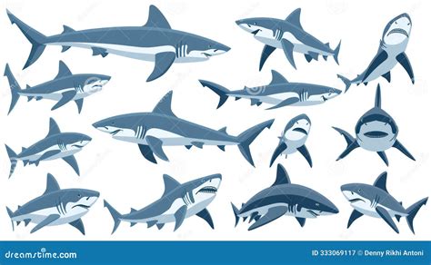 Cartoon Sharks In Different Actions Set Cartoondealer