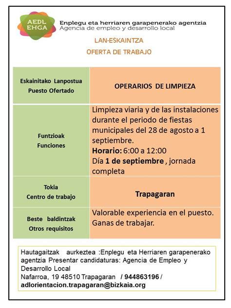 Agencia De Empleo Y Desarrollo Local Trapagaran AEDL Oferta De Empleo