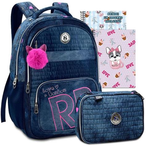 Kit Mochila RB Rebecca Bonbon Escolar Jeans Feminina Grande Estojo