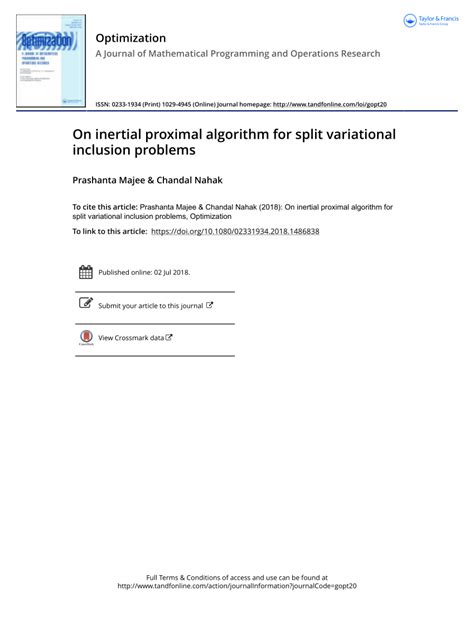 Pdf On Inertial Proximal Algorithm For Split Variational Inclusion