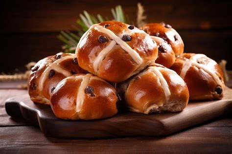 Premium Photo Traditional Easter Hot Cross Buns Top View Wooden