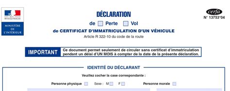 Cerfa D Claration De Perte Ou Vol Carte Grise Duplicata